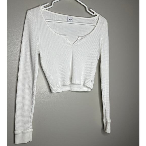 TNA Slight V Neck Cropped Waffle Knit Long Sleeve Top In Color White M - Picture 1 of 4